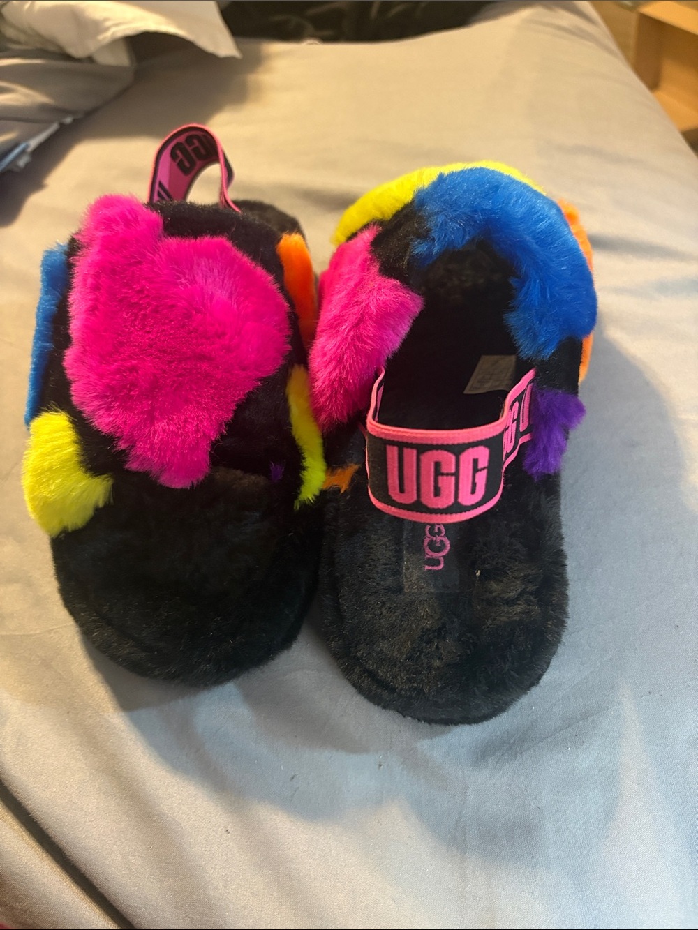 UGG Black Shearling Slides with Neon Pink, Blue, Yellow & Orange Accents